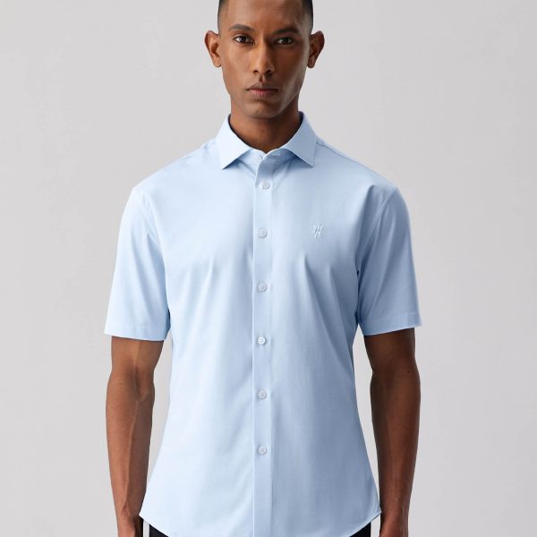Jade Blue Silk High-Stretch Short-Sleeve Shirt