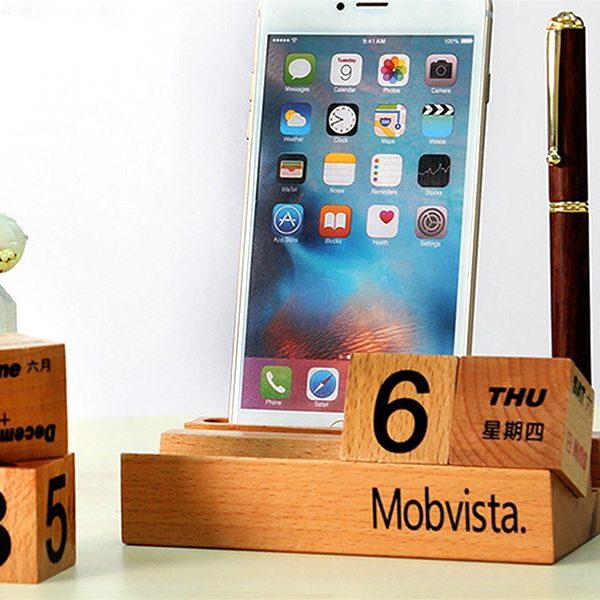 Creative Wooden Perpetual Calendar Mobile Phone Holder | Desk Calendar | Customized Office Supplies