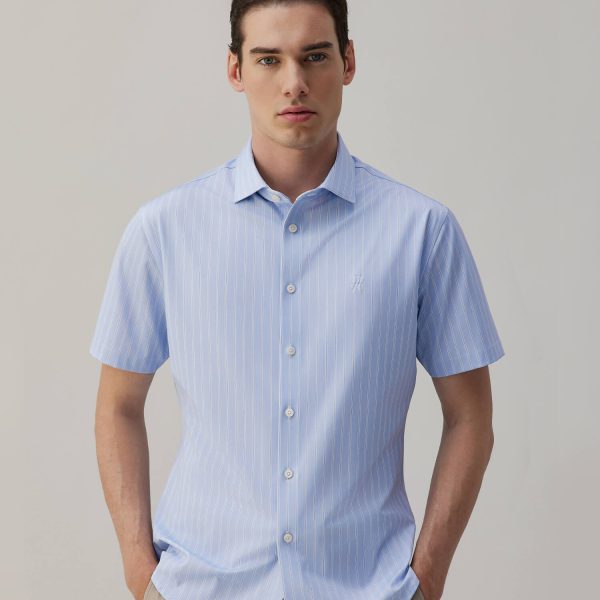 Blue Striped Silk Short-Sleeve Stretch Shirt