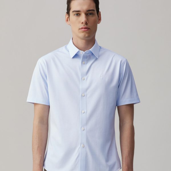 Mist Blue Check Silk Short-Sleeve Stretch Shirt
