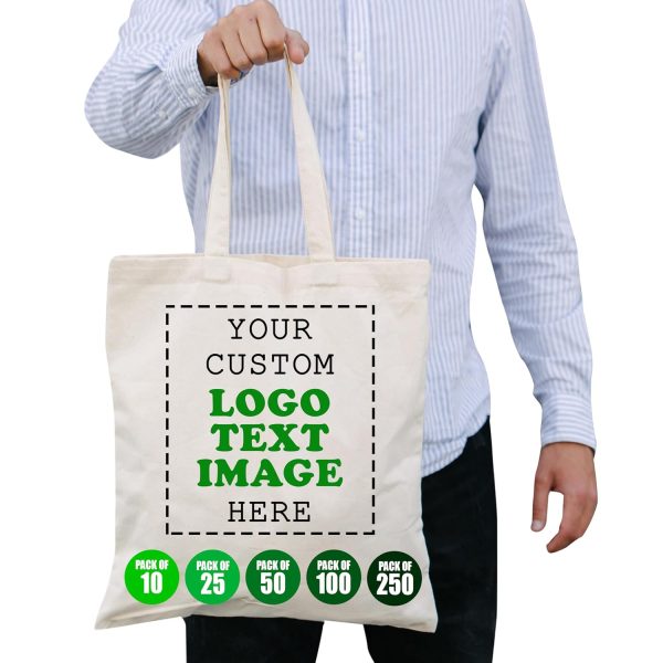 Custom Tote Bag in Bulk. Pack of 10/25/50/100/250 | Promotional Tote Bags with Custom Logo. Text or Image | 100% Cotton Tote Bags for Business Promotional Items | Reusable Shopping Tote Bags for Grocery