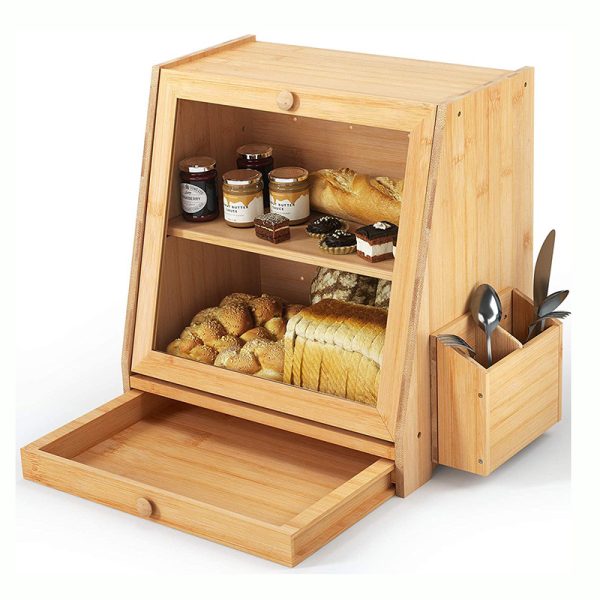 Low MOQ Bamboo Wooden Bread Box Large Bread Container Double Layer Bread Storage with Clear Windows
