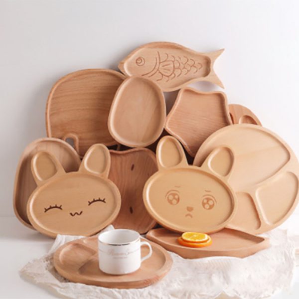 Beech Wood Baby Kids Boy Girl Children Wooden Kids Cartoon Tea Breakfast Plate Household Cute Solid Wood Tray