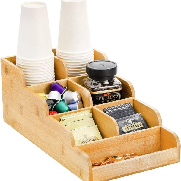 Bamboo 7-Compartment Coffee Station Organizer for Coffee Tea Jewelry Bag Storage
