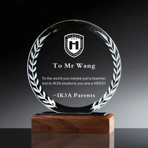 Crystal Glass Award Trophy with Wooden Base  for Corporate Presentation