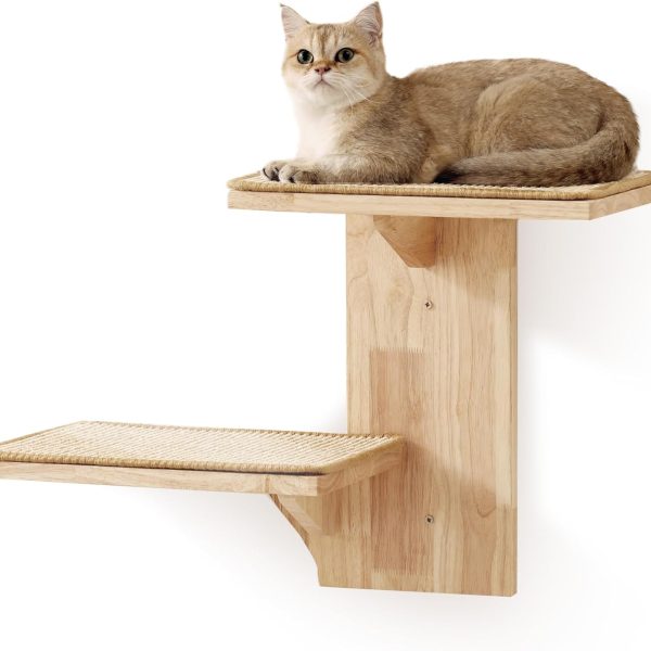 High Quality Solid Rubber Wood Indoor Tree Shape Wall-Mounted Cat Floating Shelf with Sisal Mat