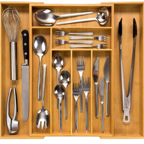 Expandable Bamboo Utensil Holder Tray Kitchen Cook Organizer Cutlery Storage Box for Cutlery