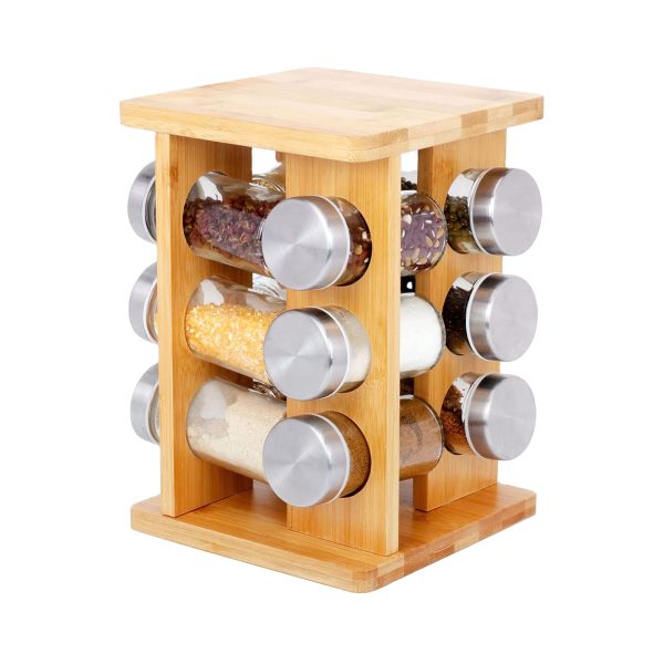 Revolving Spice Rack Organizer Bamboo Rotating Spices Carousel Wooden Spinning Bamboo Holder Cabinet Seasoning Tower Countertop