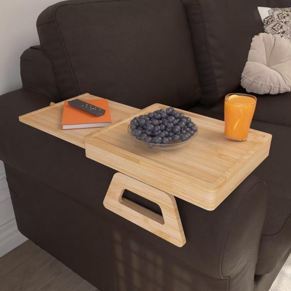New Design Expandable Bamboo Sofa Arm Trays Clip on Side Arm Rest Table Tray Couch Sofa Tray Table Sofa Holder
