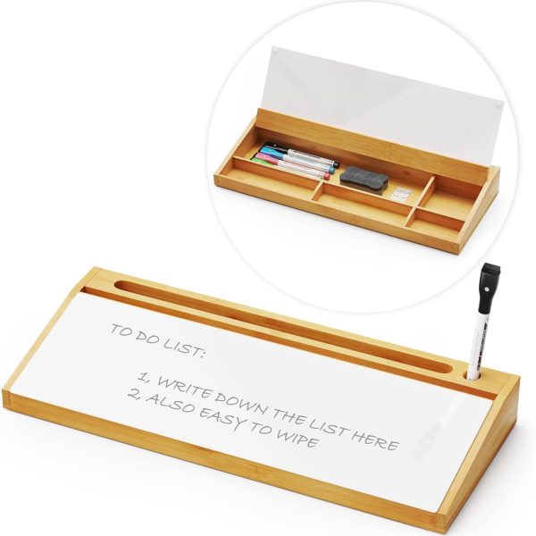 Bamboo Desktop Whiteboard with Organizer Box. Office Desk Dry Erase White Board Holder. Keyboard Stand Pad for Office Storage