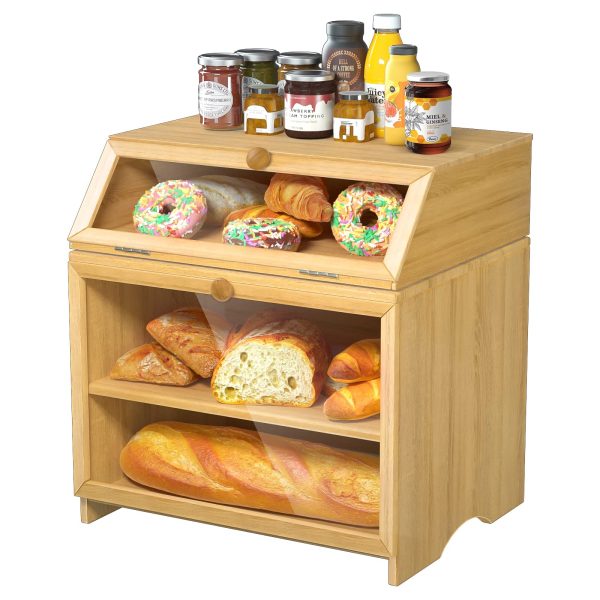 Customized 2-Tier Kitchen Storage Capacity Bread Bin Bamboo Food Bread Box With Bamboo Lid