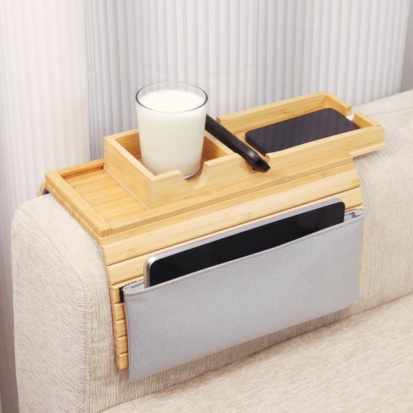 Bamboo Living Sofa Armrest Tray With Pockets on the Side for Storing Mobile Phones Cups Anti Slip Material Couch Armrest Tray