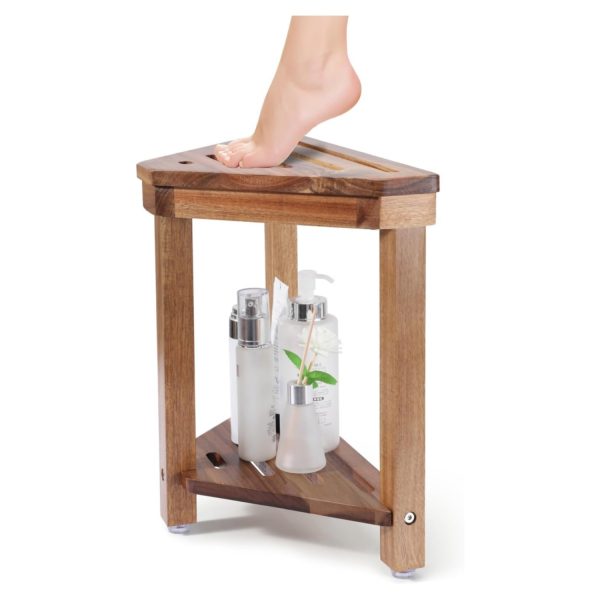 Shower Foot Rest 14in. Acacia Wood Shower Stool for Shaving Legs. Waterproof Corner Shower Stool with Storage Shelf