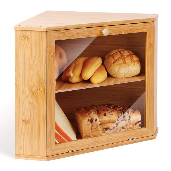 Eco-friendly Large Capacity Bamboo Bread Food Storage Bin Double Layers Bamboo Corner Bread Box for Kitchen Counter