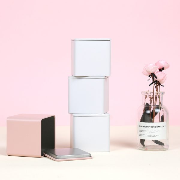 8oz 16oz Custom Small Metal Square White Pink 50g 100g 150g Tin Cans Canister Packaging With Lid for Loose Tea