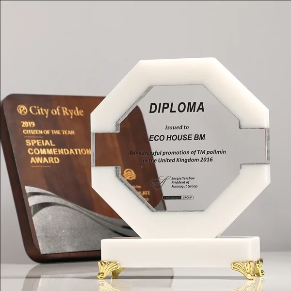 Custom Trophy K9 Sublimation Black Marble Octagon Rule Base Crystal Award Trophy Plaque Large Carving