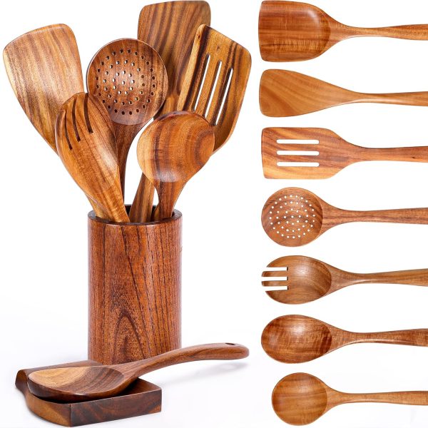 Natural Teak Wooden Kitchen Utensil Set with Comfort Grip Cooking Spoons Eco-Friendly Utensils Holder with Spoon Rest