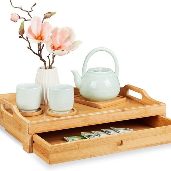 Bamboo Eco-friendly High-grade Rectangle Food Serving Tray with Slide-out Drawer Kitchen Decor Accessories for Coffee Table