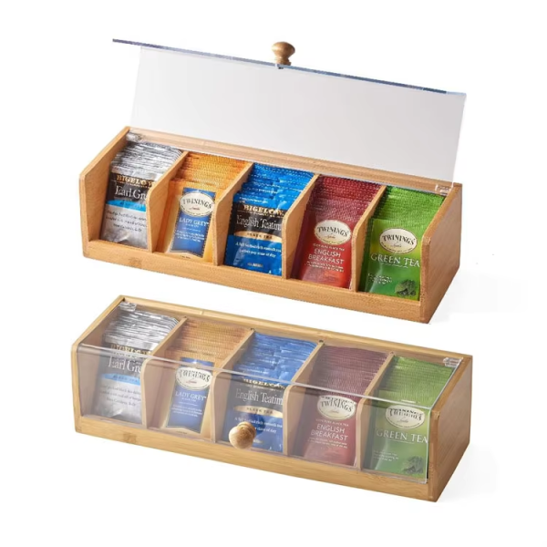 Factory Custom 6 Compartment Bamboo Tea Bag Holder Rectangular Lacquer Wooden Tea Box Paper Organizer for Beverage Display