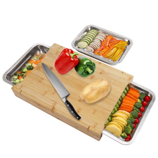 Factory Wholesale Kitchen Large Cutting Board Bamboo Chopping Board with Stainless Steel Trays