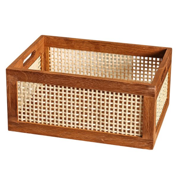 Woven Bin Bamboo Rattan Basket Sundries Storage Boxes & Bins Home Organizer Wooden Frame Basket Storage Boxes