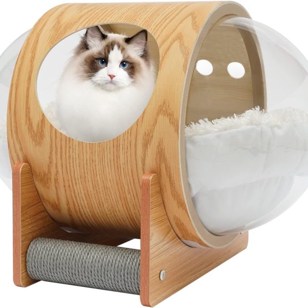 Cat Bed Spaceship Wooden Pet Bed Space Capsule with Cushion Transparent Capsule Cat House Warm Cat Furniture