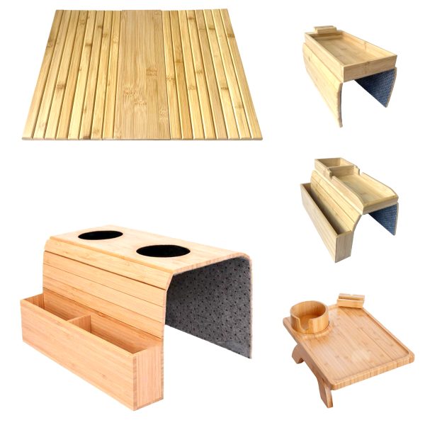 Wholesale Hot Selling Products Foldable Bamboo Sofa Arm Serving Tray Table Couch Cup Holder for Drinks Snacks and Remotes