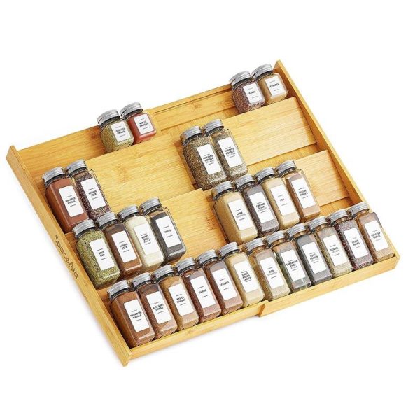 Bamboo Spice Drawer Organizer. Expandable 4 Tier Spices Rack for Cabinet. Kitchen Seasoning Storage Insert