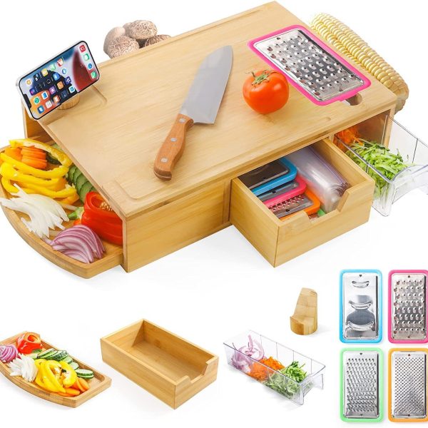 Multifunction Bamboo Wooden Cutting Board with Container Drawer & Phone Holder Chopping Board for Kitchen