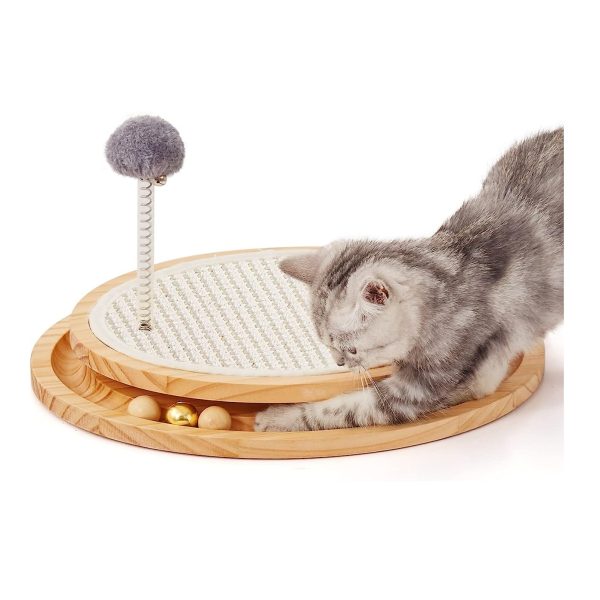 Custom Round Interactive Spring Ball Bamboo Wood Sisal Cat Scratcher Toy with Ball Track