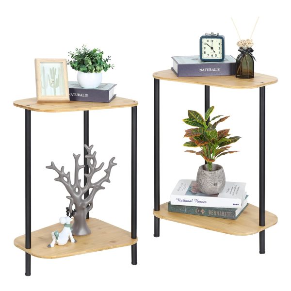 Set of 2 Side Table for Small Spaces. Bamboo End Table Living Room. 2 Tier Night Stands for Bedrooms with Storage Shelf