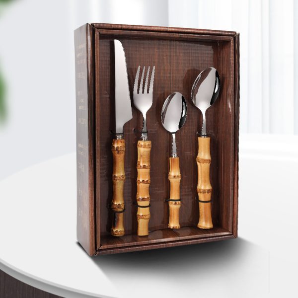 Eco-Friendly Stainless Steel Flatware Set with Bamboo Handle Premium Cutlery Spoon Silverware for Parties