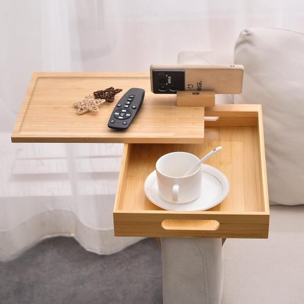 Bamboo Sofa Armrest Tray With Storage 360° Rotating Tabletop Phone Holder Adjustable Clip-On Design for Wide Couches Sofa Holder