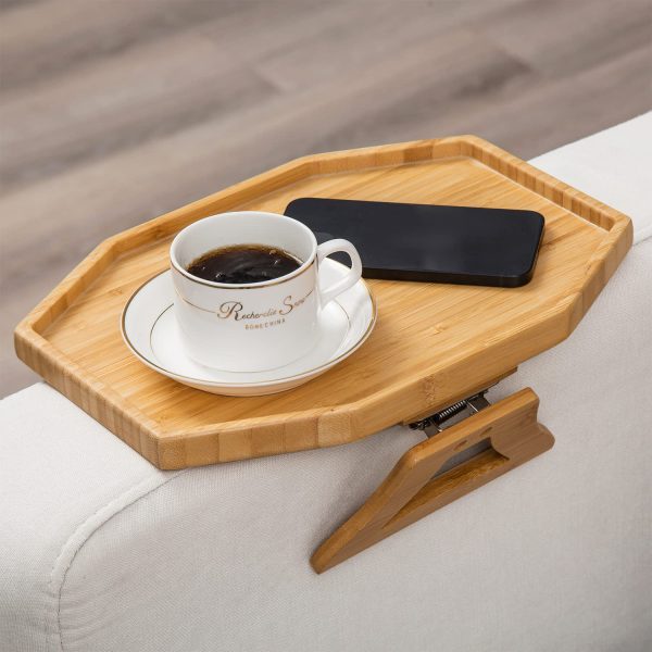 Hot Sale Bamboo Side Table Tray for Couch Arm with Rotating Phone Holder Living Room Lacquer Technique Couch Tray Table_clip on