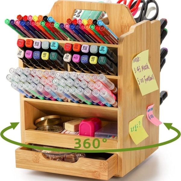 Bamboo Desk Organizer 360-Degree Rotating Pen Holder Office Pen Holder Desk Organizer Pen Pencil Tray Holder Display Organizer