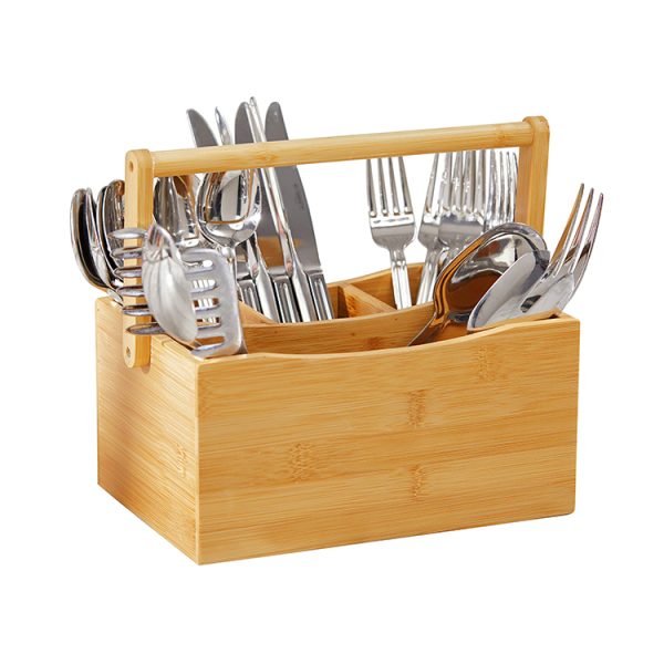 New Arrival Kitchen Countertop Bamboo Picnic Basket Utensil Holder Organizer With Folding Handle