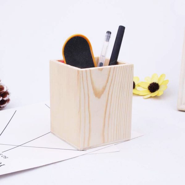 Aesthetic Square Wooden Pen Holder Cheap Pencil Box with Painting Stationery Makeup Accessories Desk Organizer for Students