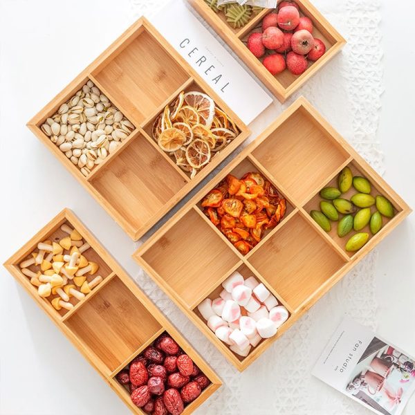 Manufacturer Bamboo Household Divided Nine Grids Food Storage Box Kitchen&Tabletop Creative Dried Fruit Snack Box Organizer