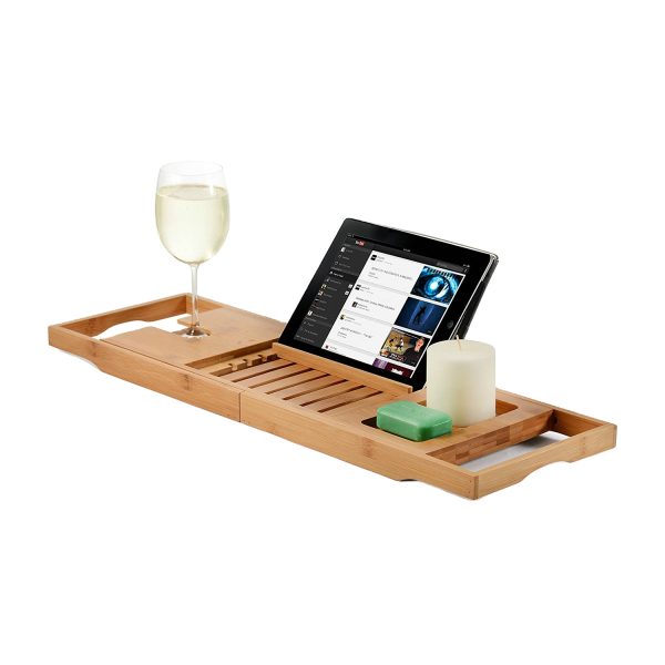 Factory Best Sellers Luxury Bamboo Bathtub Tray Caddy Wood Bath Tray With Expandable Sides Book Tablet Phone Wine Glass Holder