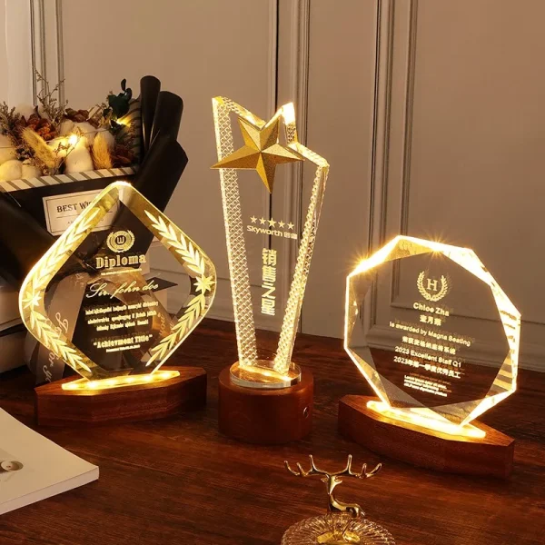 Honor of Crystal Souvenirs K9 Crystal Plaque Award Trophy Personalized Crystal Award Blank with LED Base Trofeo De Cristal Award