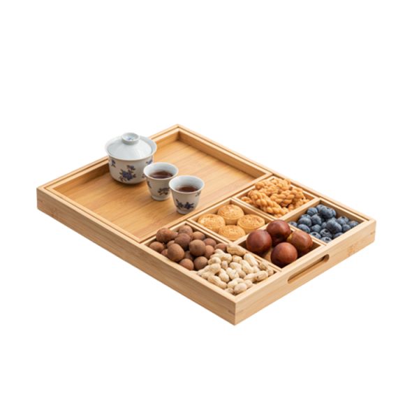 New Arrival Bamboo Chinese Gongfu Tea Tray Tabletop Coffee Tray 6 Compartment Food Snack Tray Dividers Dinnerware