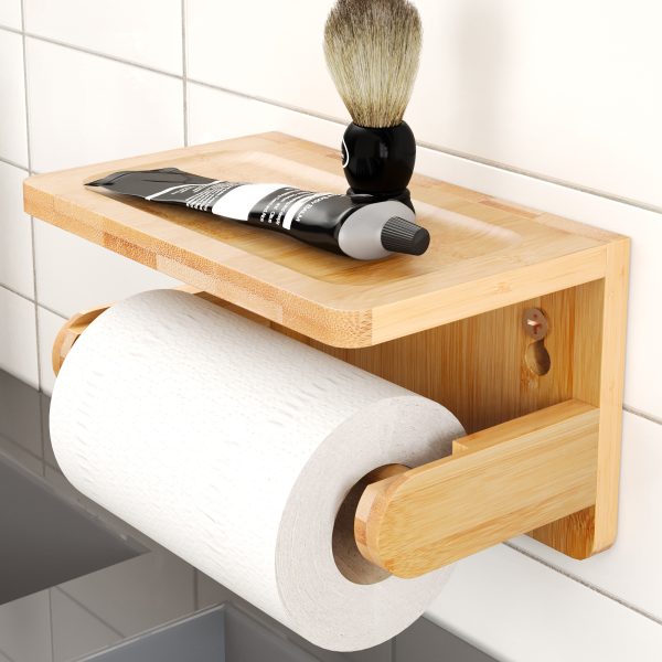 Toilet Paper Holder with Shelf Wall Mount Adhesive Bathroom Bamboo Wood Tissue Toilet Roll Holder for Organizer Wipes