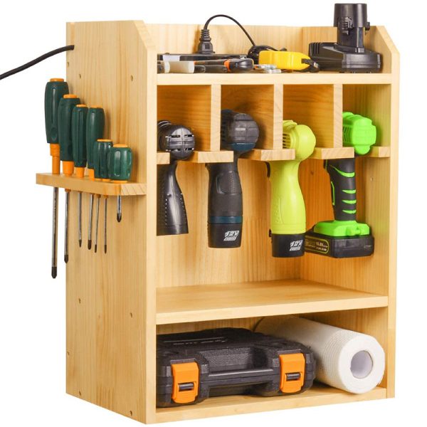 Wall-Mounted Wooden Power Tool Storage Rack Drill Charging Station Cordless Organizer Screwdriver Storage Bin for Home Workshop