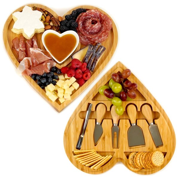 Eco-friendly Bamboo Cheese Board and Knife Set Cheese Tray Heart Shaped Charcuterie Board Set