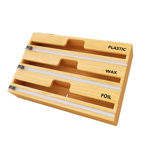 Food Cling Film Aluminum Foil Parchment Paper Storage Box Organizer Holder Bamboo Wood Plastic Wrap Dispenser With Slide Cutter