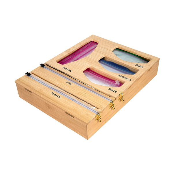 Bamboo Storage Device Plastic Wrap Tin Foil Wax Paper Pe Ziplock Bag Holders Dispenser Bag Storage for Kitchen Drawer Organizers