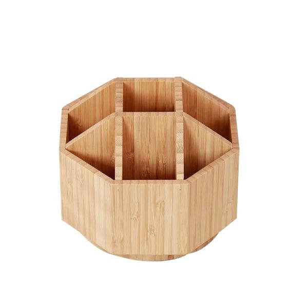 Bamboo 9-Compartment Kitchen & Desk Organizer Multiple Use Rotating Utensil & Pen Storage Calendar Holder