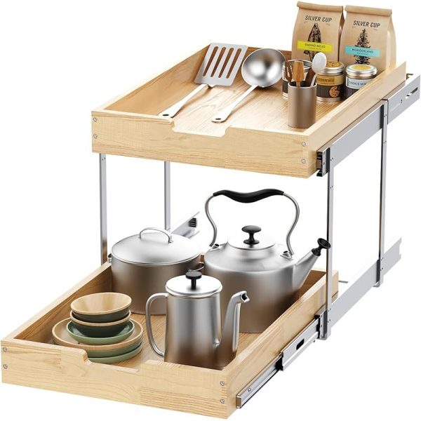 Wood Pull Out Cabinet Organizer Heavy-Duty Sliding Drawers for Inside Cabinets Storage and Organization for Kitchen and Bathroom