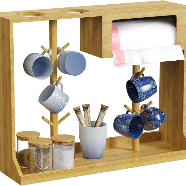Bamboo Mug Holder. Coffee Cup Holder with 8 Hooks and Trash Bag Container.Coffee Mug Cup Hanger Stand for Counter