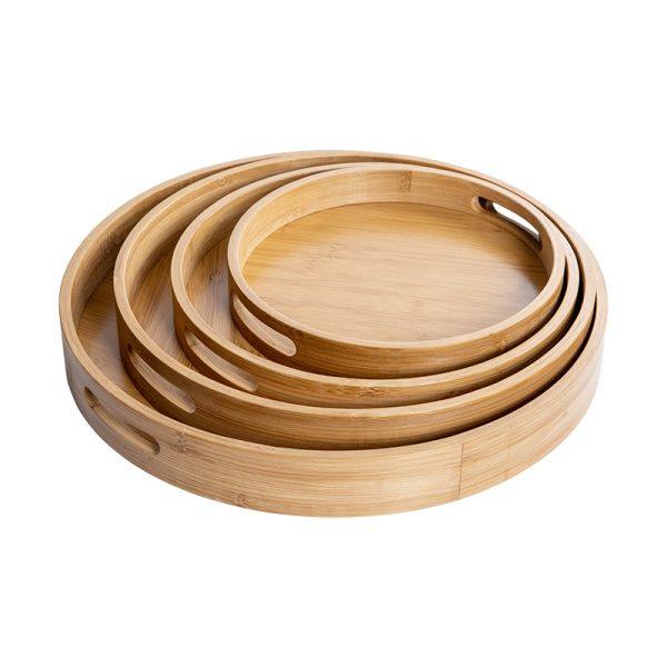 Hot Sale Raw Materials Bamboo Set Tray Food Plates Drink Platter Round Bamboo Trays With Handles for Food Coffee Table Dinnerware